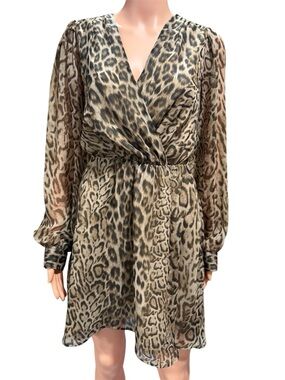 Express Leopard Print Long Sleeve Wrap Dress - Neutral Brown